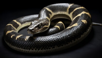 Obraz premium Close-up of a Striking Black and Cream Snake Coiled on Dark Surface