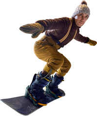 Dynamic snowboarding movement. Mature snowboarder leaning into turn, showcasing balance and motion....