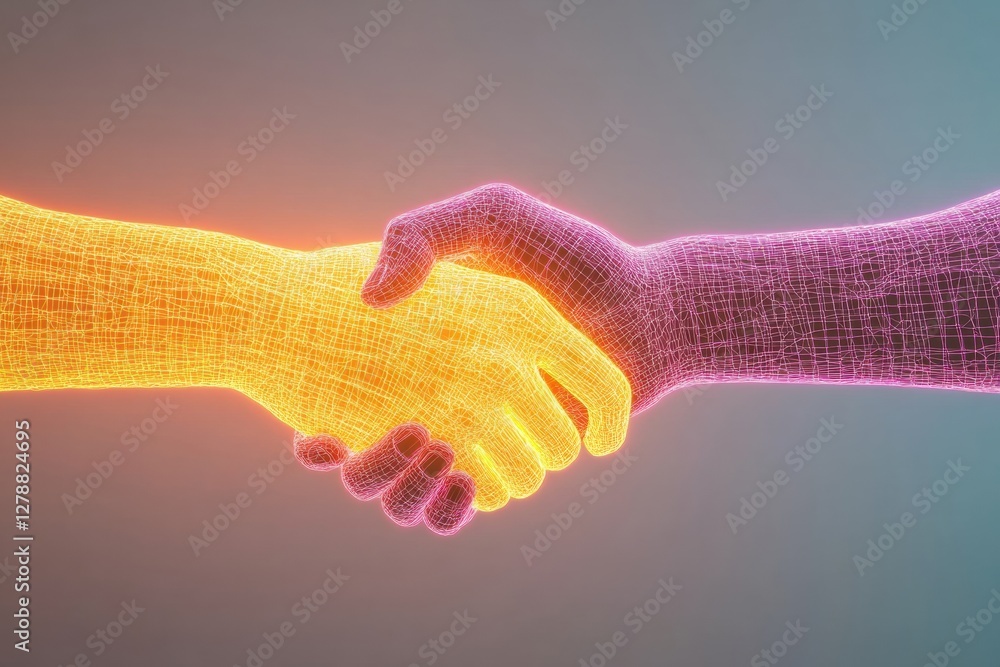 Poster neon digital handshake vibrant neon collaborative sculpture on digital grid - e-sports team branding