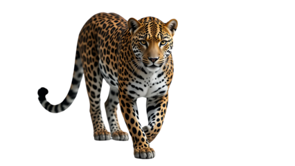A majestic jaguar strides forward, its gaze intense and powerful, against a stark black background, showcasing its striking spots and rich coat.