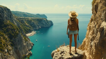 Naklejka premium A giraffe stands majestically on a cliff, gazing at the stunning blue ocean, embodying the beauty of nature and wildlife in harmony.