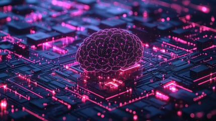 Futuristic digital brain on a circuit board with vibrant pink neon lights.