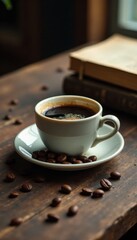 Obraz premium Coffee cup on worn wooden table with scattered coffee beans and a few old books , table, coffee cup