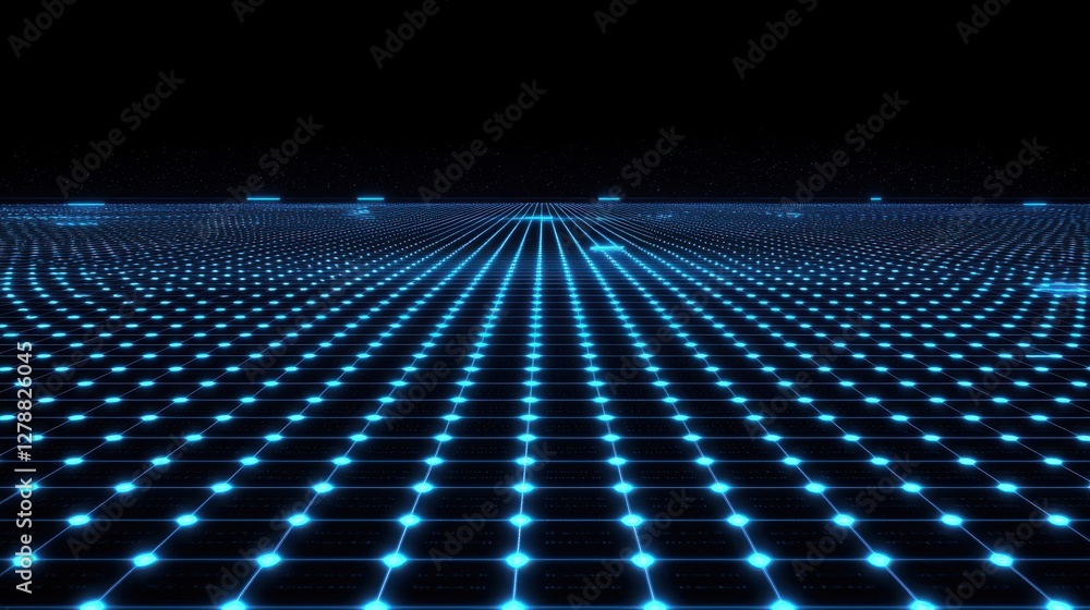 Poster digital grid landscape with glowing blue dots set against a dark background, creating a modern and f