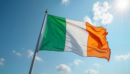  Irish flag waving against a blue sky on St. Patrick’s Day