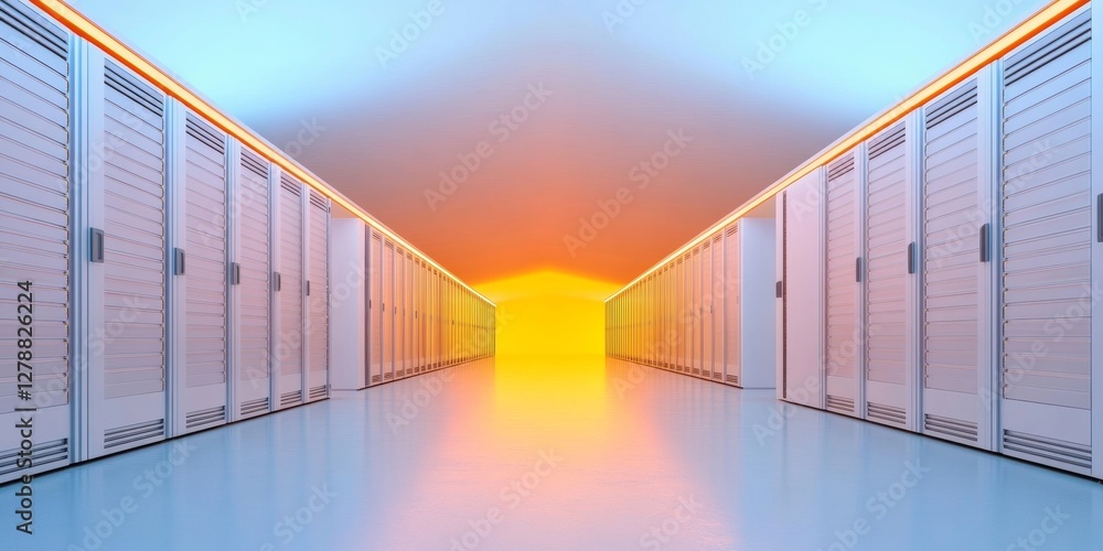 Poster Neon-Illuminated Data Center Sleek Server Rows with Cool Metallic Finish - Cutting-Edge Digital Infrastructure for Cloud Computing and Business Innovation