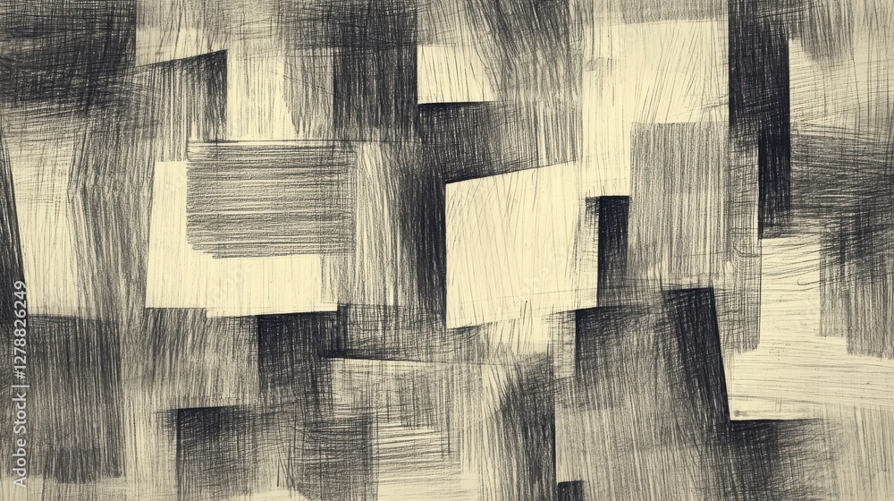 Poster abstract artwork featuring contrasting black and white geometric shapes with varied textures creatin