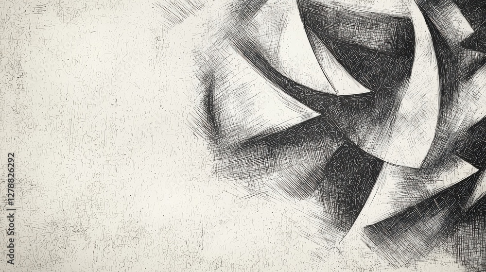 Poster abstract black and white artwork featuring dynamic shapes and textures created by intricate lines an