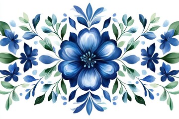 Fototapeta premium Elegant Blue Floral Pattern with Green Leaves for Seamless Design