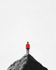 Obraz premium Solitary Figure in Vibrant Attire on Rocky Peak - Contemporary Minimalist Imagery for Adventure Marketing and Dynamic Lifestyle Branding