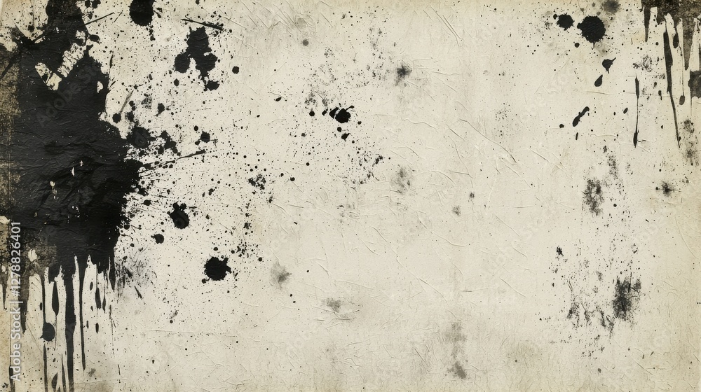 Poster black paint splatters create an abstract design on a textured white background in a creative space
