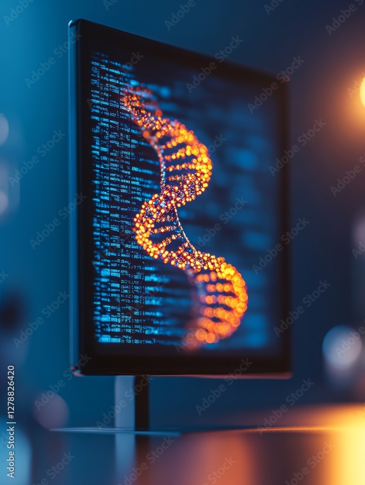 Aufkleber Futuristic Digital Display Dynamic DNA Helix Visualization with High-Tech Data Interface - Modern Genetic Research and Biotechnology Innovation for Advanced Laboratory Analysis