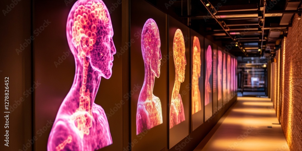 Poster Futuristic Scientific Visualization Wall with Glowing Molecular Structures Interactive Data Display in Modern Research Facilities for Enhanced Analytical Insights