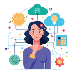 Woman thinking, digital brain with binary code, cloud, data layers with circuit. Ideal for AI, cloud computing, data analysis, innovation, technology digital transformation artificial intelligence 

