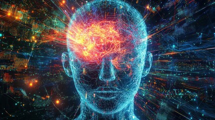 A glowing neural network with digital data streams and futuristic holograms