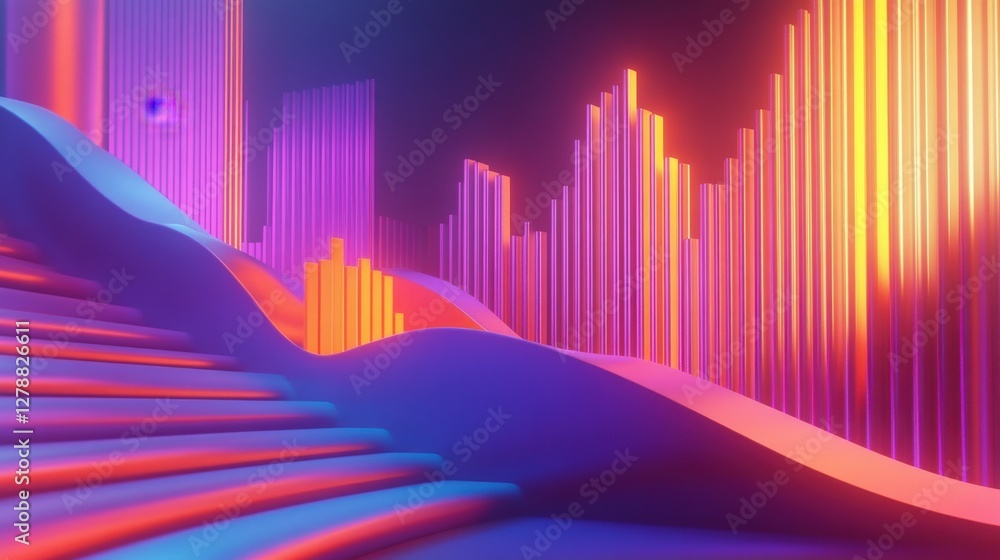Poster vibrant abstract landscape with colorful waves and glowing bars, creating a dynamic atmosphere