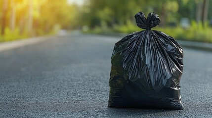 Discarded black trash bag lying on the roadside depicting urban waste management issues