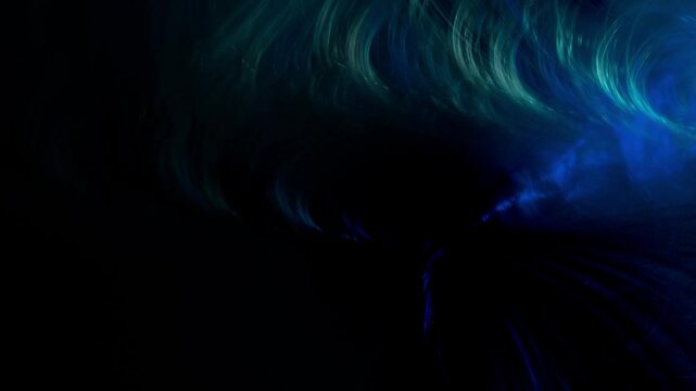 gr&uuml;n blaue gekr&uuml;mmte Struktur in mystischer Atmosph&auml;re &ndash; Technologie, Energie, Wissenschaft, Forschung, Datenfluss und digitale Innovation in futuristischer Darstellung
