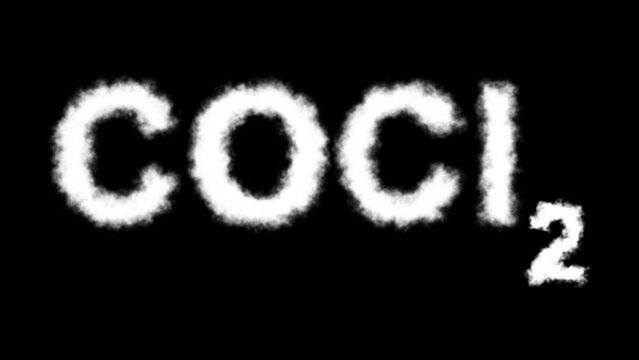 A COCl₂ (phosgene) molecule symbol with a smoke cloud text effect on a black background, representing chemistry, toxicity, and industrial hazards