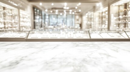 Empty marble table top with blurred jewelry store background for product display