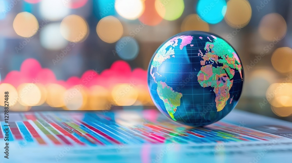 Poster a colorful globe rests on a chart, symbolizing global data and analytics against a backdrop of vibra