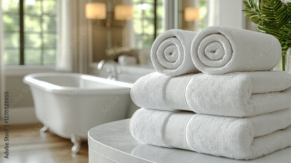 Poster closeup view of a stack of soft, plush towels neatly arranged in a bathroom setting