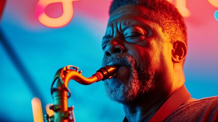 Vintage Jazz Aesthetic in Local Business Cozy Noir Lighting with Saxophonist Under Neon - Enhancing Urban Bar Atmosphere for Stylish Hospitality Marketing