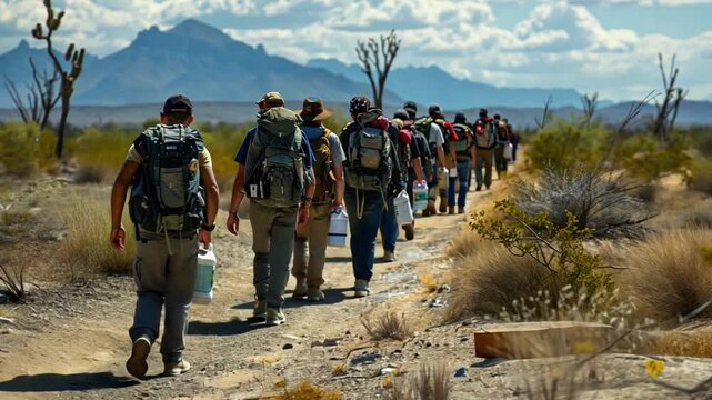 Migrants traverse a desert landscape carrying supplies amid ongoing crisis and uncertainty