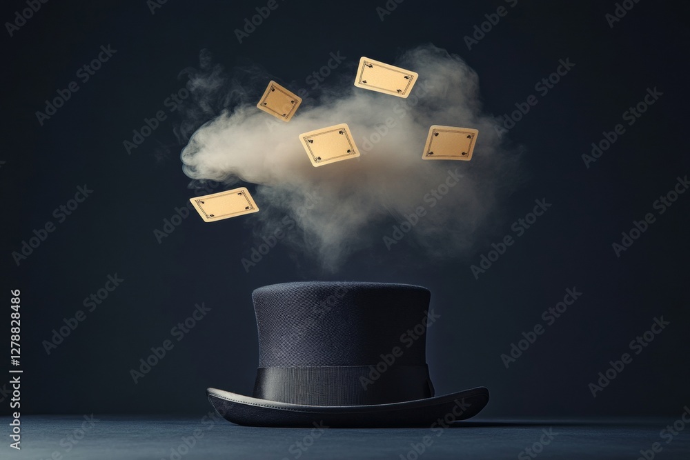 Aufkleber Surreal Magic Display Smoky Illusions with Floating Cards and Textured Top Hat Interactive Visual Content for Creative Marketing and Entertainment Industries