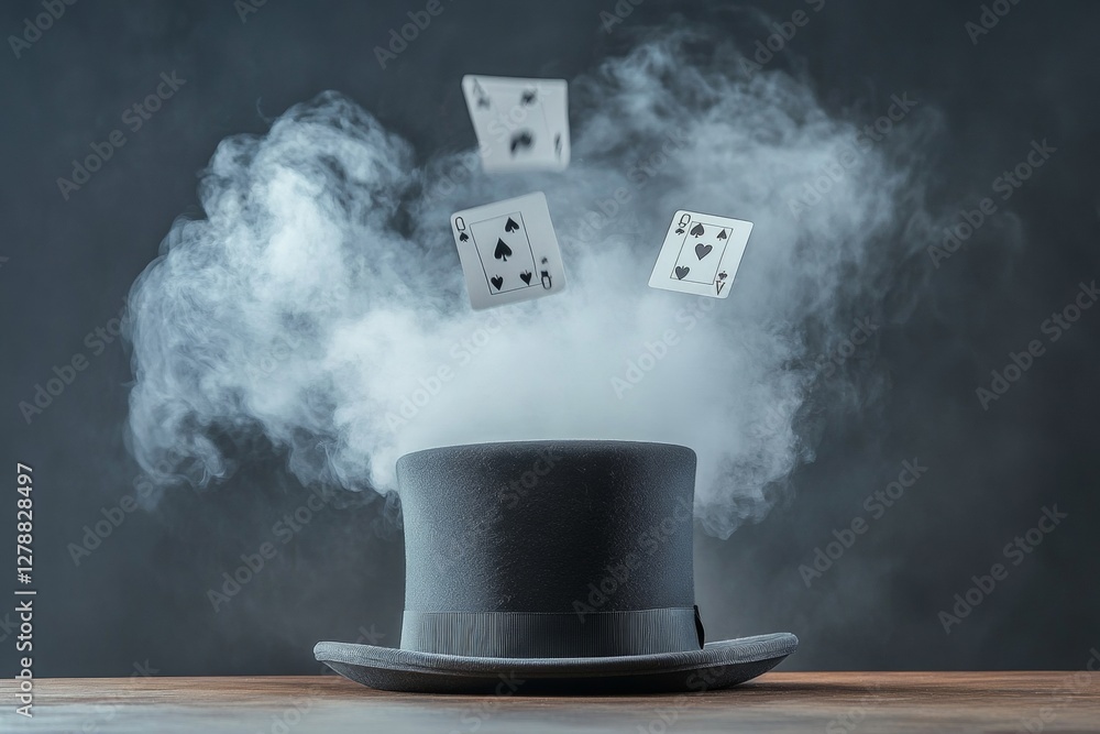 Poster surreal entertainment display smoky top hat and floating cards in shadowy light - premium event atmo