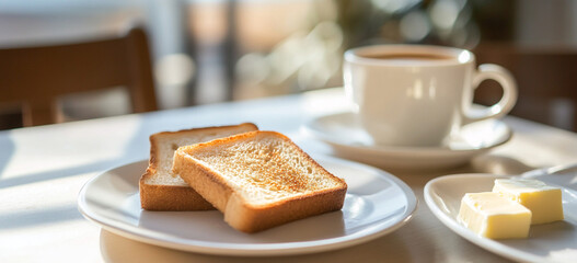 A sunny morning breakfast features toasted bread and a cup of coffee.