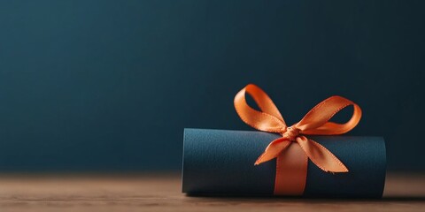 Minimalist Academic Achievement Art Rolled Diploma with Ribbon on Wooden Surface - Modern Educational Marketing and Certificate Presentation