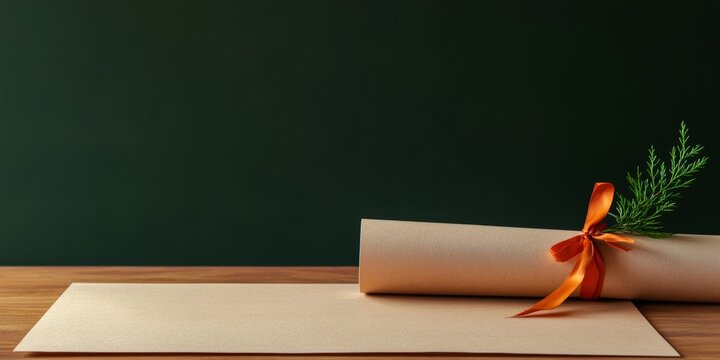 Contemporary Academic Achievement Display Natural Wood Desk with Rolled Parchment Diploma and Orange Ribbon - Educational Marketing and Graduation Ceremony Merchandising