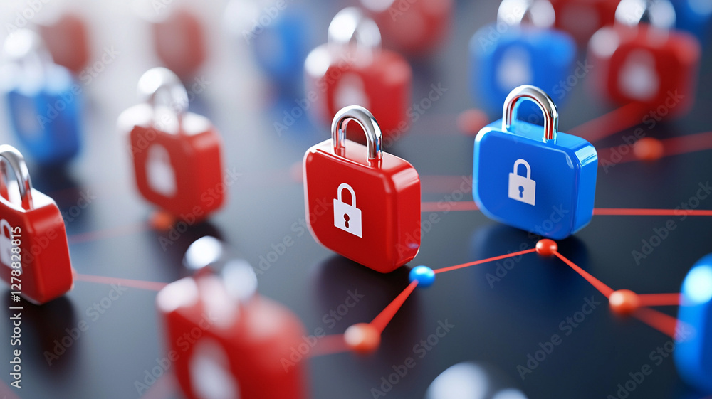 Poster colorful network of locks representing cybersecurity concepts in a digital environment