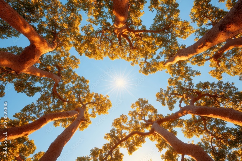 Poster biophilic design inspiration interwoven forest canopy with natural sky view for sustainable architec