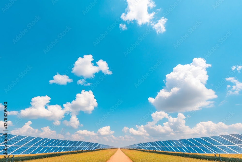 Poster Vibrant Solar Panel Array in Open Field Clean Energy Pathways and Infrastructure - Industrial Renewable Power Content for Sustainable Technology and Eco-Friendly Business Solutions