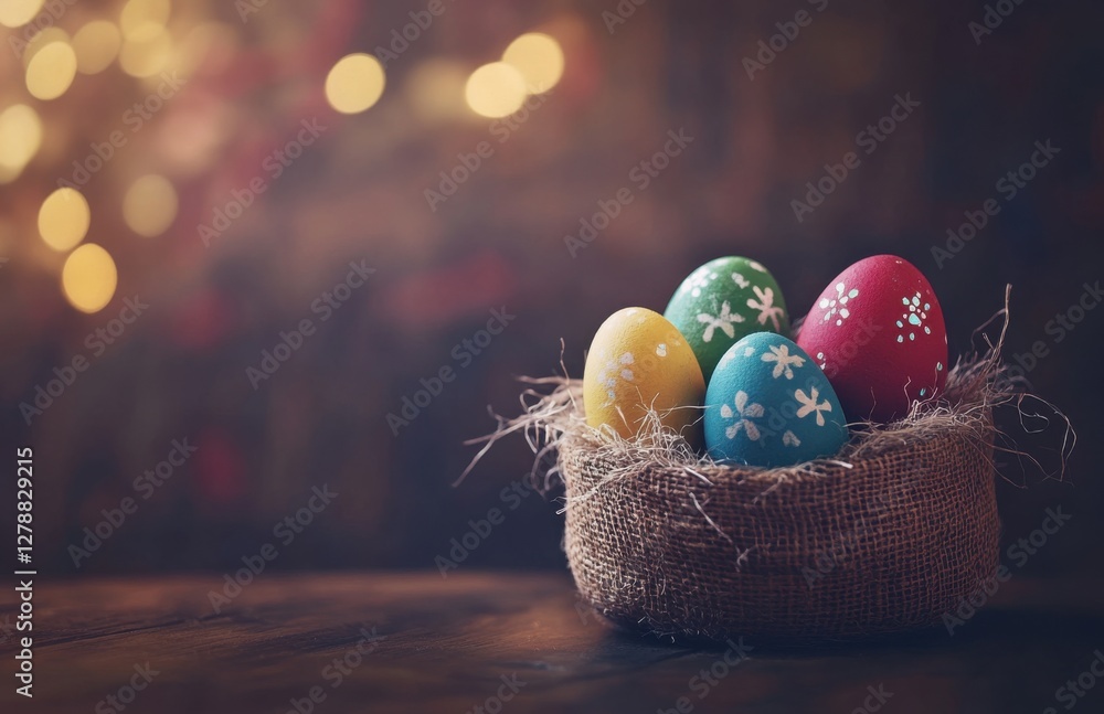 Poster colorful easter eggs in a burlap basket on a wooden table with a blurred background of easter lights