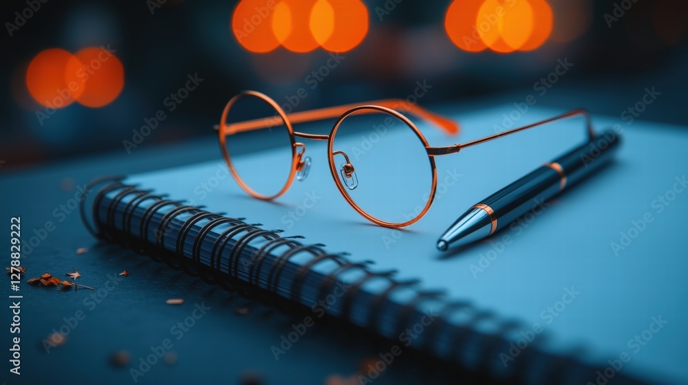 Poster a neatly arranged notebook with a pen and a pair of glasses for writing and study