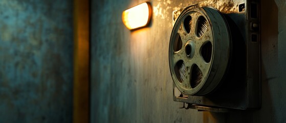 Fototapeta premium A vintage film reel gently cast in dim, warm light, evoking nostalgia in an old theater room with timeworn walls.