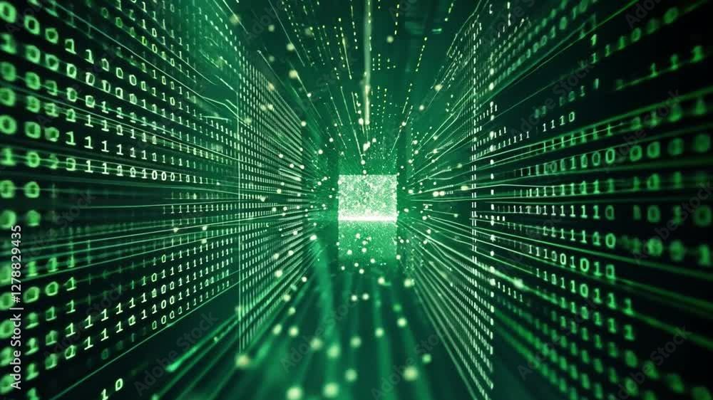 Poster dynamic green digital tunnel showcasing binary code flowing in high-resolution 4k format