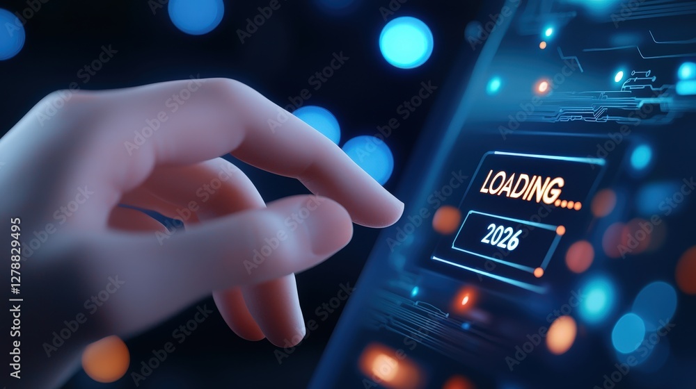 Poster a hand interacts with a futuristic interface displaying a 