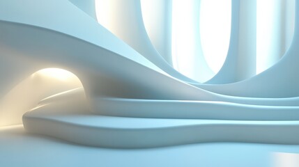 Abstract 3D render featuring rounded lines on a light background, emphasizing smooth curves and subtle gradients.