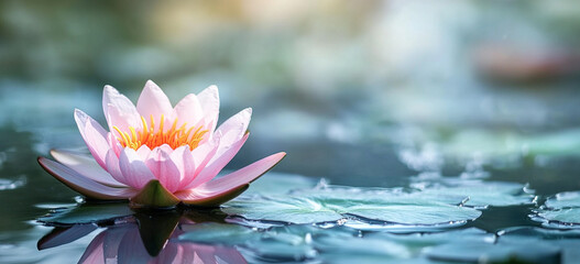A pink water lily floats serenely on the calm surface of a pond, its reflection mirroring its delicate beauty in the tranquil water.