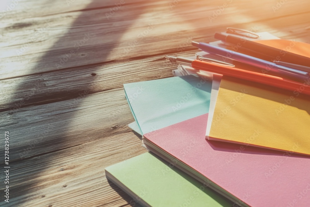 Leinwandbilder rustic collaborative workspace vibrant notebooks and pens on wooden table - educational engagement c