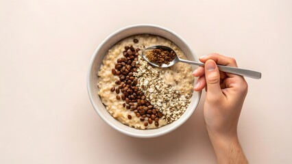 plant-based breakfast + oatmeal + nutritious Bowl of oatmeal topped with seeds and nuts, with a hand holding a spoon.