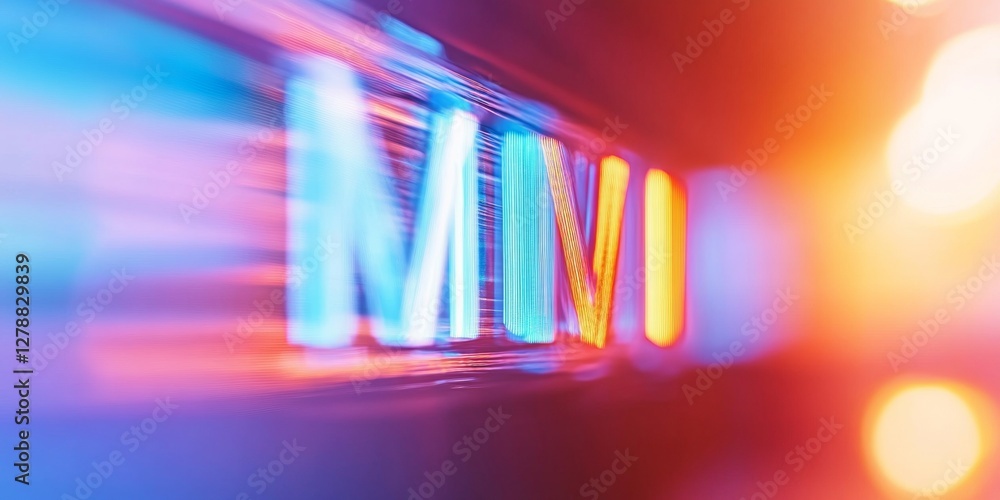 Poster Neon Futurism Dynamic News Ticker Display Against Modern Architecture - Real-Time Data Streaming for Digital Marketing and Broadcasting Innovation