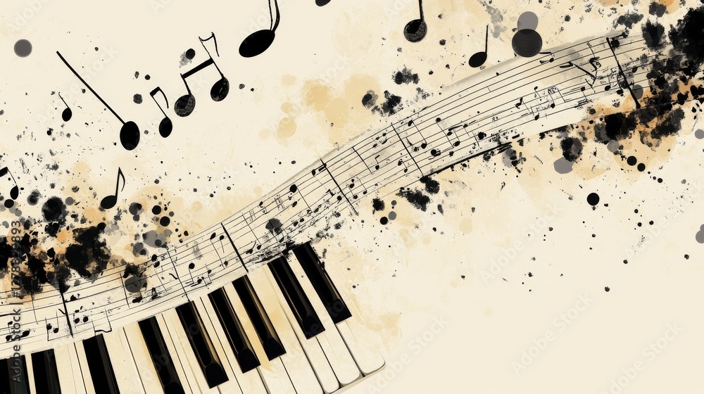 Aufkleber abstract musical composition with piano keys and notes, featuring artistic splashes in the backgroun
