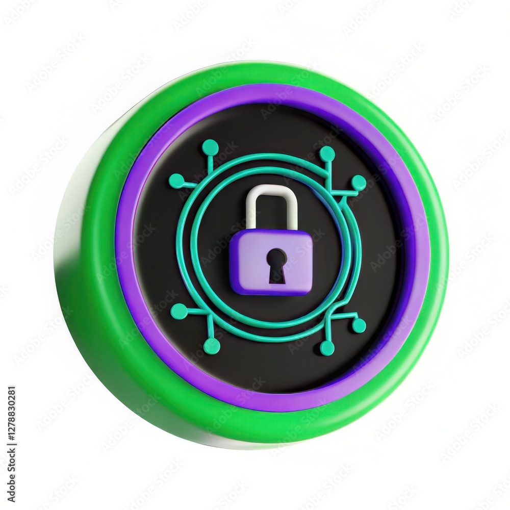 Poster digital padlock icon with circuit elements in vibrant colors.