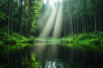 Obraz premium A tranquil forest scene captures the beauty of nature as the sun's rays filter through the water, illuminating the lush trees and plants in a picturesque landscape