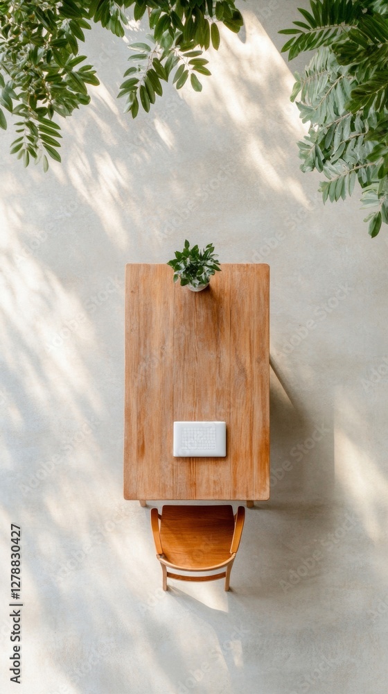 Aufkleber scandinavian office setup aerial view of wooden desk with digital tablet and greenery - modern workp